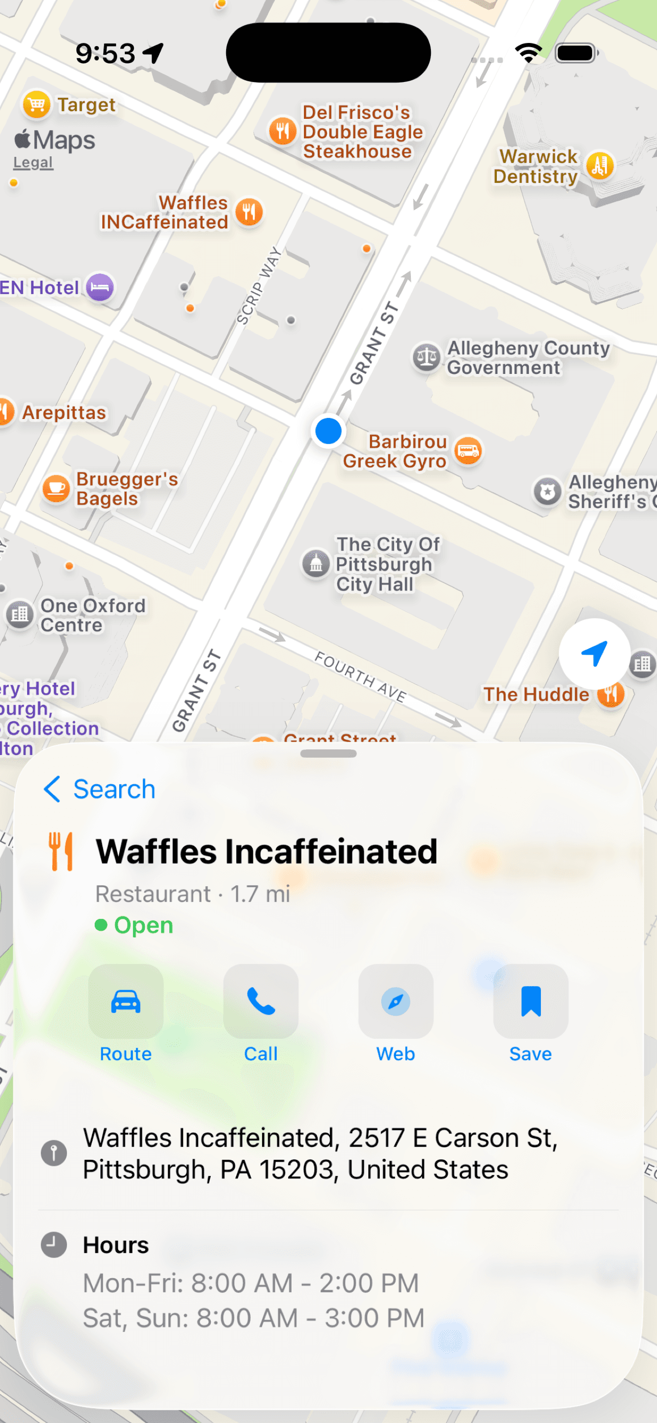 CartPath search results showing nearby restaurants with address and distance